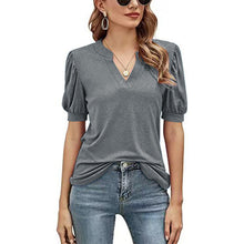 Ladda upp bild till gallerivisning, Casual v-ringad enfärgad puffärm lös t-shirt