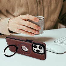 Ladda upp bild till gallerivisning, Heltäckande stötsäkert läderfodral med magnetiskt stativ för iPhone