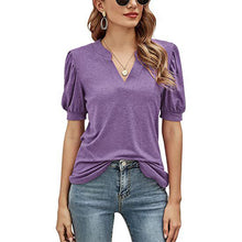 Ladda upp bild till gallerivisning, Casual v-ringad enfärgad puffärm lös t-shirt