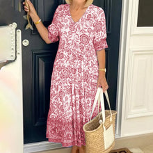 Ladda upp bild till gallerivisning, V-ringad blå blommig klänning