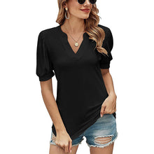 Ladda upp bild till gallerivisning, Casual v-ringad enfärgad puffärm lös t-shirt