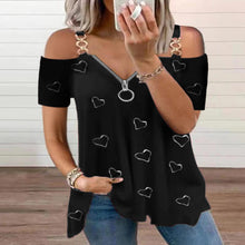 Ladda upp bild till gallerivisning, V-ringad kortärmad t-shirt med dragkedja av axeln