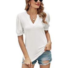 Ladda upp bild till gallerivisning, Casual v-ringad enfärgad puffärm lös t-shirt