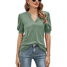 Ladda upp bild till gallerivisning, Casual v-ringad enfärgad puffärm lös t-shirt