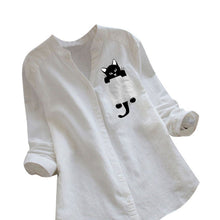 Ladda upp bild till gallerivisning, V-ringad långärmad blus i bomull med katttryck