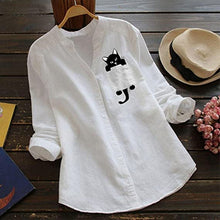 Ladda upp bild till gallerivisning, V-ringad långärmad blus i bomull med katttryck