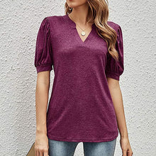 Ladda upp bild till gallerivisning, Casual v-ringad enfärgad puffärm lös t-shirt