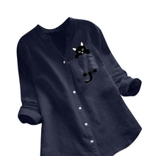 Ladda upp bild till gallerivisning, V-ringad långärmad blus i bomull med katttryck