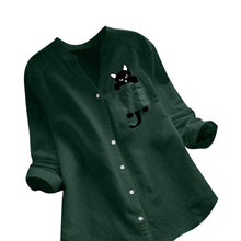 Ladda upp bild till gallerivisning, V-ringad långärmad blus i bomull med katttryck