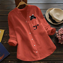 Ladda upp bild till gallerivisning, V-ringad långärmad blus i bomull med katttryck