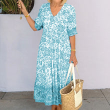 Ladda upp bild till gallerivisning, V-ringad blå blommig klänning