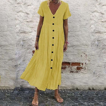 Ladda upp bild till gallerivisning, V-ringad knapp enfärgad färg kortärmad klänning