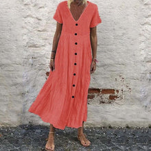 Ladda upp bild till gallerivisning, V-ringad knapp enfärgad färg kortärmad klänning