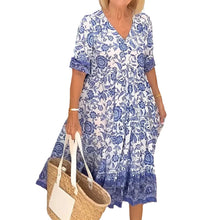 Ladda upp bild till gallerivisning, V-ringad blå blommig klänning