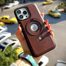 Ladda upp bild till gallerivisning, Heltäckande stötsäkert läderfodral med magnetiskt stativ för iPhone
