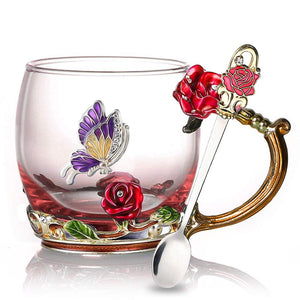 Tekoppsset i emaljerat roséglas (med sked)