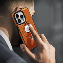 Ladda upp bild till gallerivisning, Heltäckande stötsäkert läderfodral med magnetiskt stativ för iPhone
