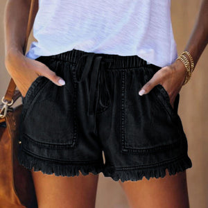 Denimshorts med elastisk hög midja
