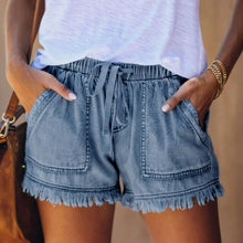 Ladda upp bild till gallerivisning, Denimshorts med elastisk hög midja
