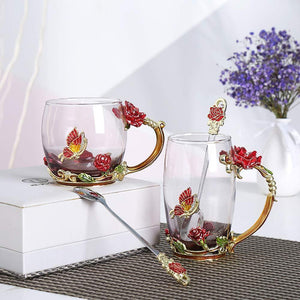 Tekoppsset i emaljerat roséglas (med sked)